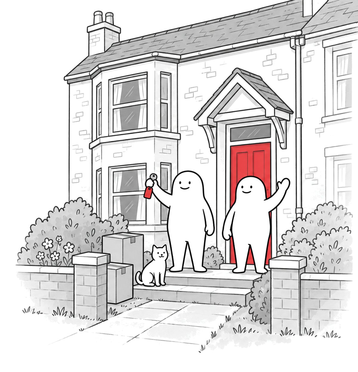 Two Homies on the doorstep of their new home, one holding up the key