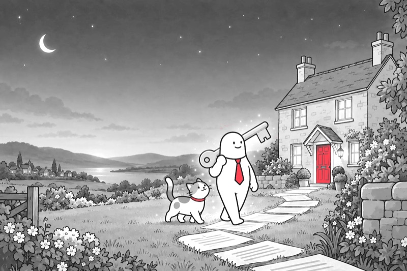 A Homie solicitor carrying a house key up a path of documents to a cottage at dusk