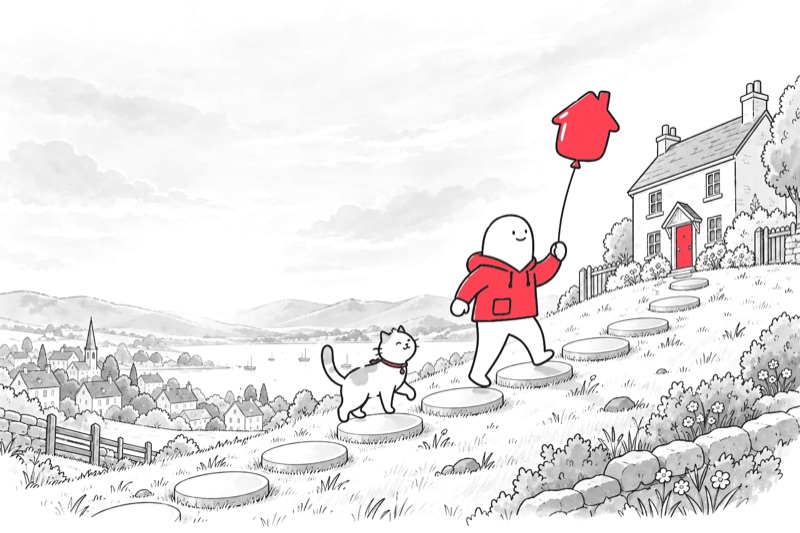 A Homie walking up a path of coins to a house with a red door at sunrise