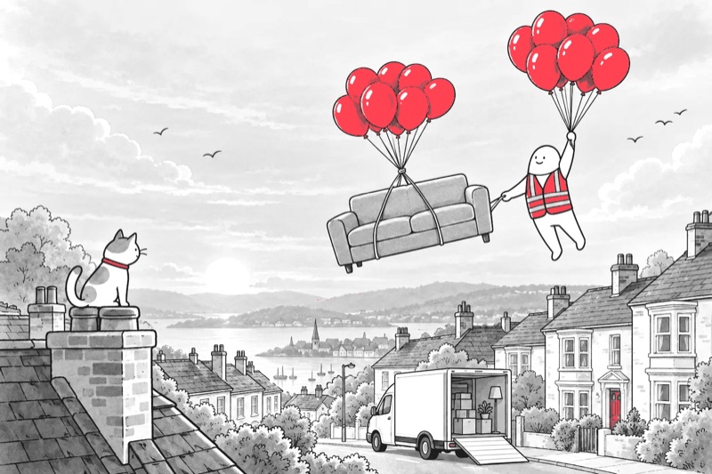 A Homie mover floating a sofa on red balloons over the rooftops at sunset
